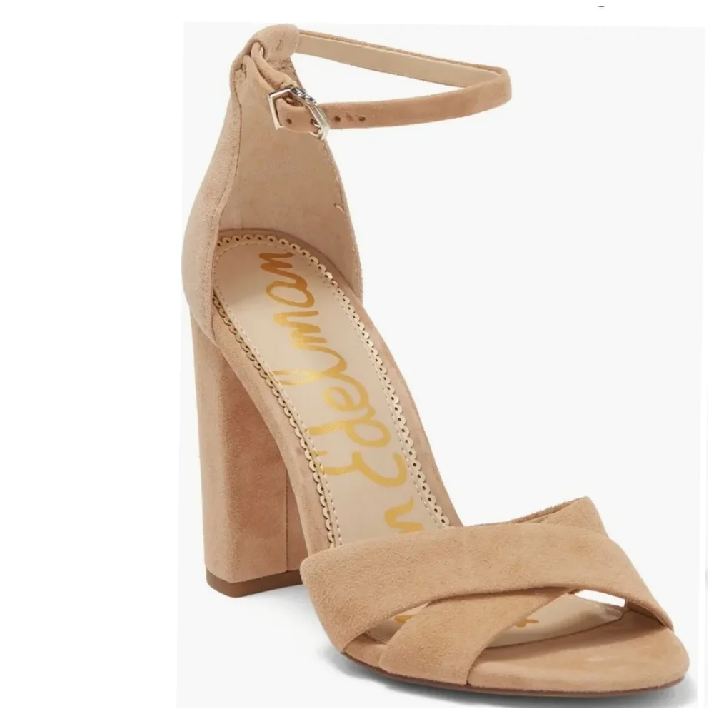 {10} Sam Edelman Yancy Block Heel Ankle Strap Sandal in Golden Caramel Suede - Picture 1 of 14